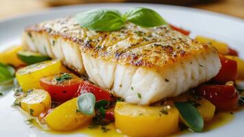 White plate featuring cod fillet accompanied by vegetables. photo