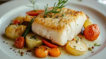 Cod fillet with vegetables arranged on a white plate. photo