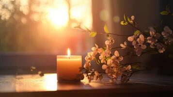 Warm Sunlight Casting a Soft Glow on a Lit Candle photo