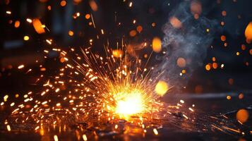 Intense welding sparks and flames in action. photo