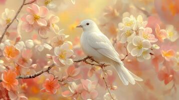 White Bird Perched on a Branch Surrounded by Pink and Yellow Flowers photo