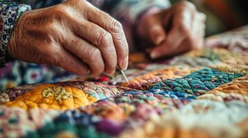 Womans Hand Sewing a Quilt with Needle and Thread photo