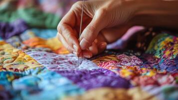 Womans Hand Sewing a Quilt with Needle and Thread photo