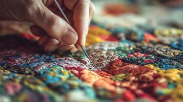 Womans Hand Sewing a Quilt with Needle and Thread photo