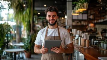A young business owner using a tablet near the counter. photo