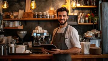 A young business owner using a tablet near the counter. photo