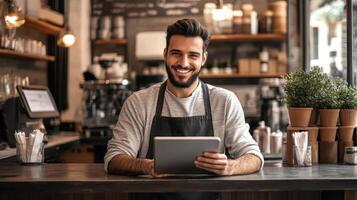 A young male entrepreneur holding a tablet at the counter. photo