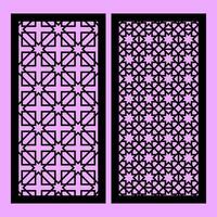 Two patterns with modern abstract geometric panels. Template for cnc cutting of metal and wood. purple background. vector