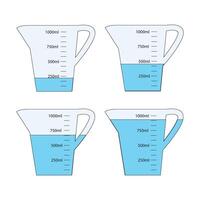 Set of empty and water filled measuring cups with 1 liter volume. Liquid containers for cooking or chemical experiment with fluid capacity scale isolated vector