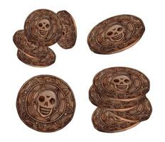 Copper antique pirate coins with skull and bones. Set of different watercolor compositions with coins, stack of coins, isolated coins. Images are suitable for pirate-themed designs and for Halloween. vector