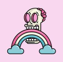 skull with brains spilled out smiling and biting a rainbow passing through the clouds. Can be used for birthdays, parties, Valentine Day, celebrations and printed on t-shirts, hoodies, tote bags vector