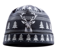 Cozy hat with snowflake and reindeer patterns on a transparent background png