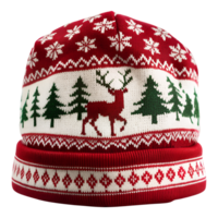 Winter hat with reindeer and snowflake patterns on a transparent background png