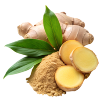 Whole Ginger Root with Ginger Flour on Transparent Background png