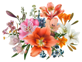 Vibrant Floral Arrangement with Transparent Background A Bouquet of Lilies, Alstroemerias, and Delicate Blooms Displayed on a Clear Background. png