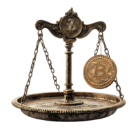 Bitcoin Weighs Heavy on the Scales of Justice A Symbol of Cryptocurrency's Influence, Balancing on an Antique Scale with a Transparent Background png