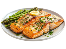 Perfectly Pan-Seared Salmon with Asparagus Lemon, Served on a White Plate with a Transparent Background png
