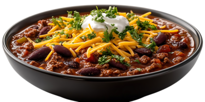 Chili With a Side of Happiness A Hearty Bowl with Ground Beef, Kidney Beans, and a Touch of Sour Cream, on a Transparent Background png