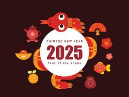 Chinese New Year 2025.Horizontal greeting card, banner with simple geometric snake with chinese patterns, numbers,lanterns,flowers.Zodiac symbol of lunar new year.Template for poster, flyer, web vector