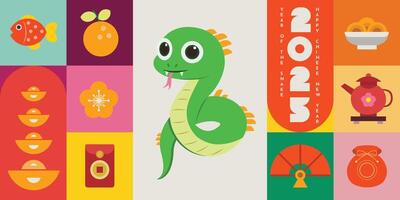 Happy Chinese New Year 2025. Snake zodiac with lanterns, colorful background for card design. China lunar calendar animal. vector