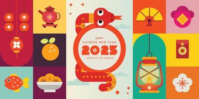 happy new year 2025, chinese new year, year of snake Modern minimalist geometric style Chinese new year elements. Colorful illustration in flat cartoon style, in geometric patterns vector