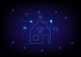Smart home concept. Futuristic of the house with automation assistant virtual screen. Home with technology icon on dark blue background. vector