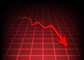 Red arrow graph drop arrow down with table graph on red background. Money losing. Stock crisis and finance concept. vector