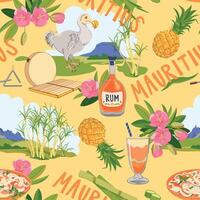 Seamless pattern with Mauritius landmarks in flat style. sugar cane, Mount Peter, Dodo bird, Trochezia budoniana flowers, pineapple, falooda, millionaire salad, Sega music instruments vector