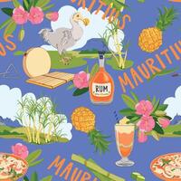 Seamless pattern with Mauritius landmarks in flat style. sugar cane, Mount Peter, Dodo bird, Trochezia budoniana flowers, pineapple, falooda, millionaire salad, Sega music instruments vector