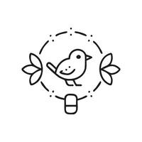 Minimalist black and white bird in a circle with leaf details.. vector