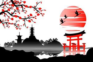 Japanese art with ancient design of Torii gate and the beautiful nature of Japan vector