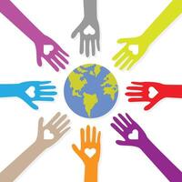 Colorful diverse arms protecting nature globe earth signifying group teamwork illustration isolated on white background vector