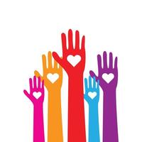 Diverse colorful arms with heart icon, multi-ethnic hands raised up and spread love illustration isolated on white background vector