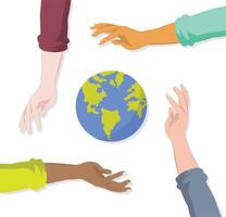 Colorful diverse arms protecting nature globe earth signifying group teamwork illustration isolated on white background vector