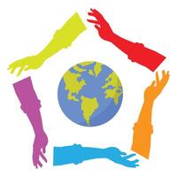 Colorful diverse arms protecting nature globe earth signifying group teamwork illustration isolated on white background vector