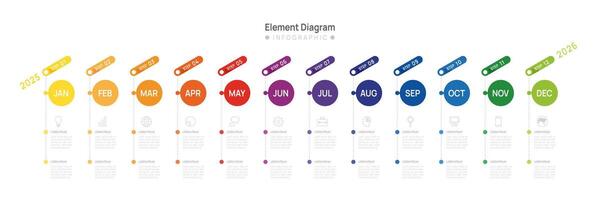 Infographic 2025 template for business. 12 Months modern Timeline element diagram calendar, infographic. vector