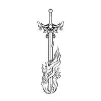 black and white illustration fire sword engraving ornament vector