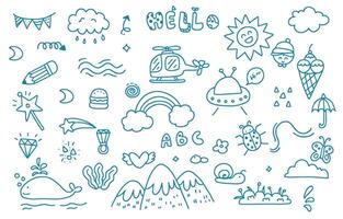cute doodle element object with mountian,boy,sun for nursery school design vector