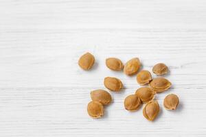 Apricot pits lie on a light background. Inside each apricot stone is a small treasure in the form of kernels. They are rich in minerals, proteins and contain a substance called amygdalin. photo