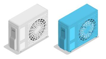Isometric External air conditioner unit with fan. Room cooling and heating. Maintaining comfortable temperature in office. Realistic 3D isolated on white background vector