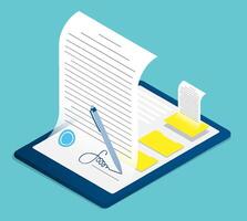 Isometric pen digitally writes signature on contract by tablet screen. Using digital sign for electronic documents. Realistic 3D isolated on background vector