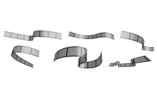 Set of photo film ribbons. Narrow strips of 35 mm tape for filming waving in wind. Separation into lower and upper layers. Design element. 3d on white background vector