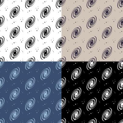 set of seamless patterns with schematic spiral galaxy. Exploration of space and star clusters. Ornament for decoration and printing on fabric. Design element.
