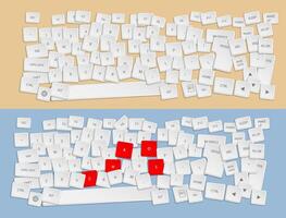 Realistic white keys of broken computer keyboard are sprinkled on table. Chaos and confusion in workplace. for any color of background vector