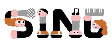 SING typography with cartoon character font vector