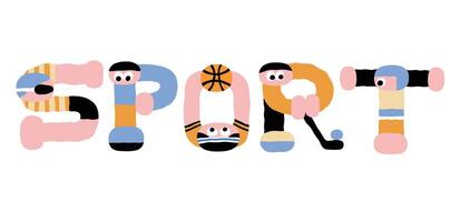 sport writing typography from cute cartoon characters vector