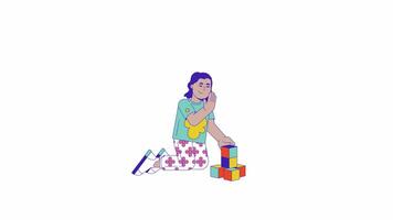 Happy little girl building tower with blocks 2D character animation. Development activity cartoon 4K , alpha channel. Hispanic girl enjoying game animated person on white background video