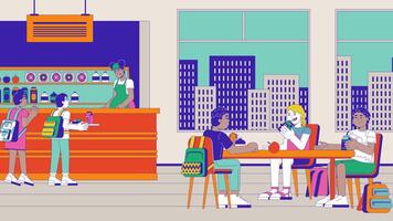 School cafeteria with kids cartoon animation. Canteen lunchroom schoolchildren eating 4K 2D motion graphic. Buffet mealtime. Lunch break schoolkids animated characters on snack bar background video