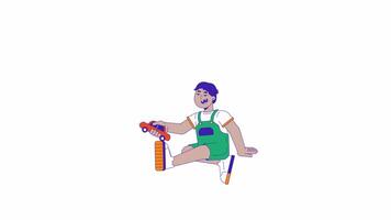 Happy little boy playing with toy car 2D character animation. Development game cartoon 4K , alpha channel. Latin american toddler kid having fun animated person on white background video