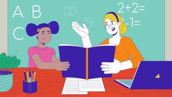 Woman teacher reading book with little student cartoon animation. Primary school lesson 4K 2D motion graphic. Tutor with schoolgirl in classroom animated characters on interior background video